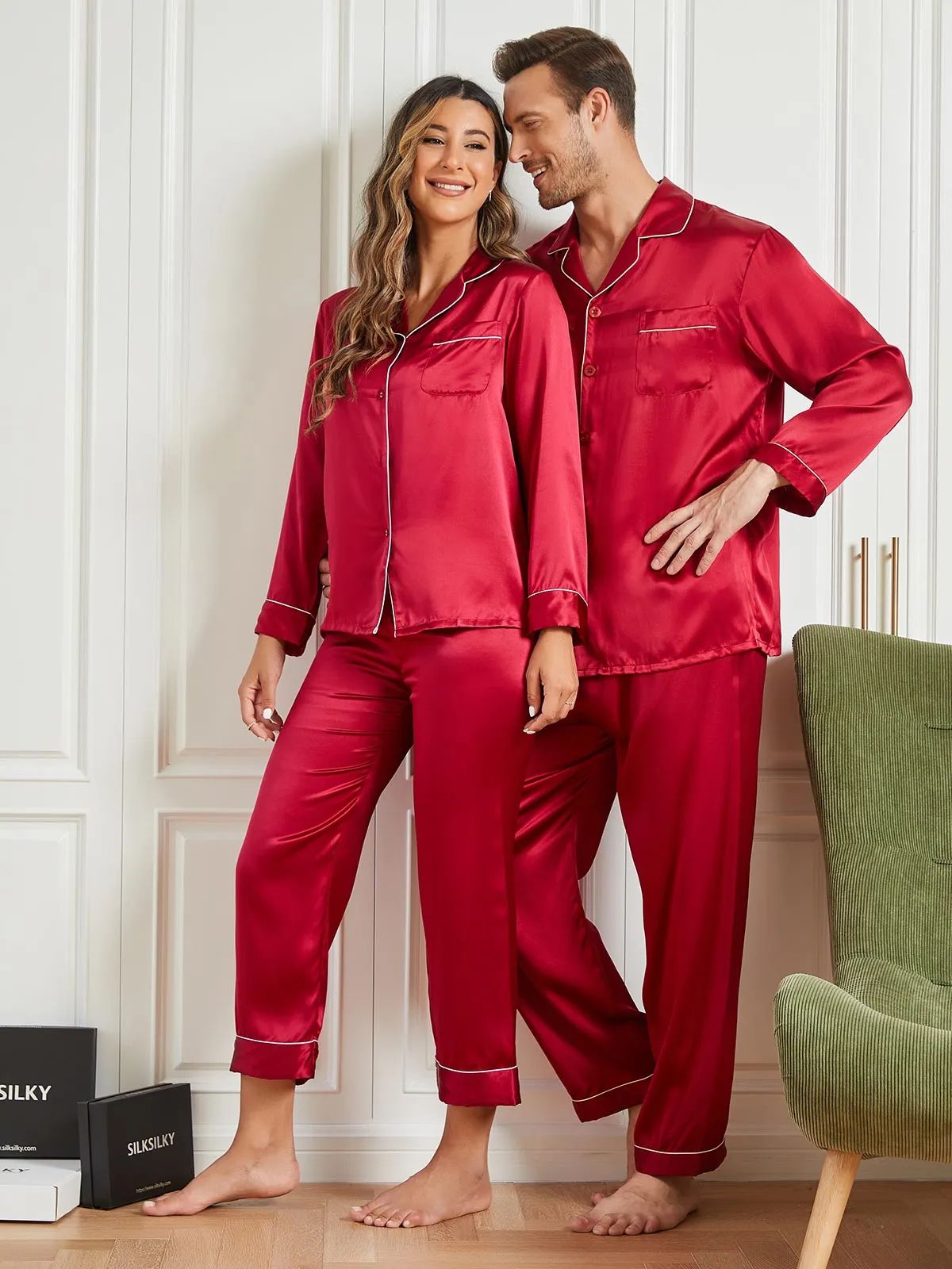 Couple Pure Silk Long Pyjama Sets Total 4Pcs