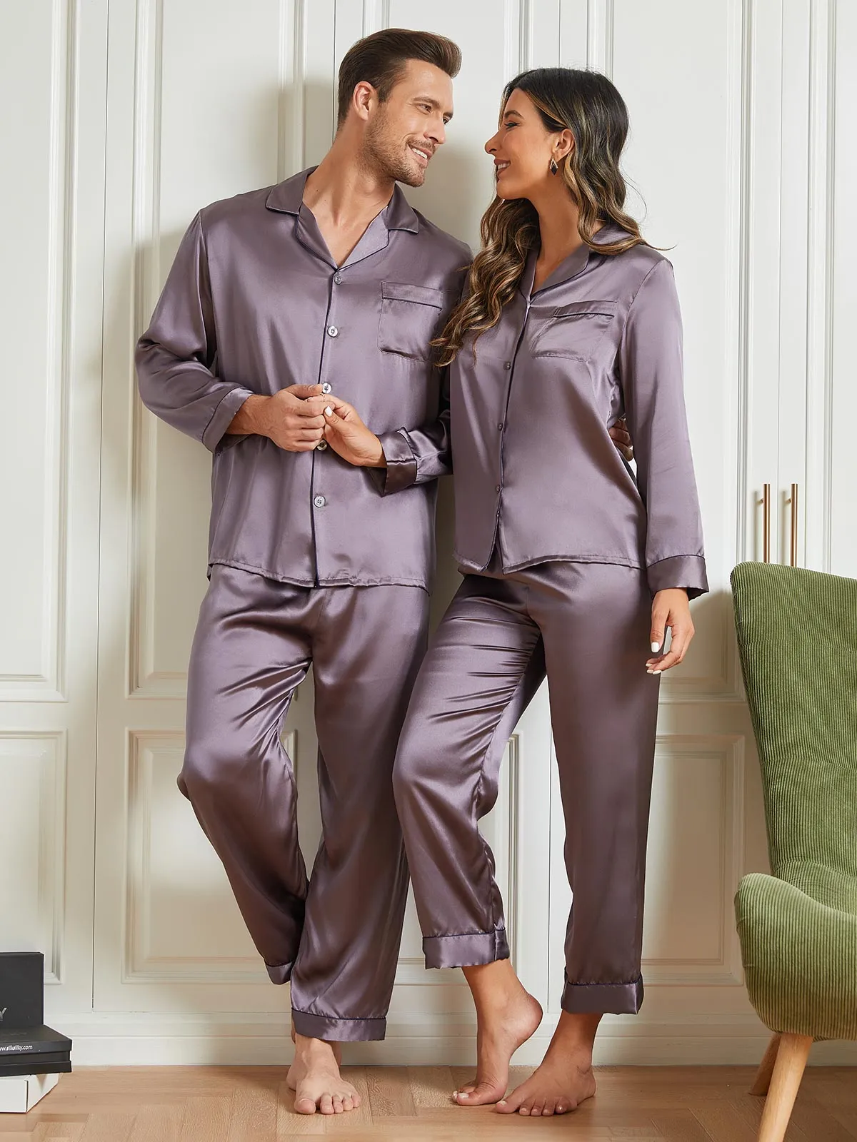 Couple Pure Silk Long Pyjama Sets Total 4Pcs