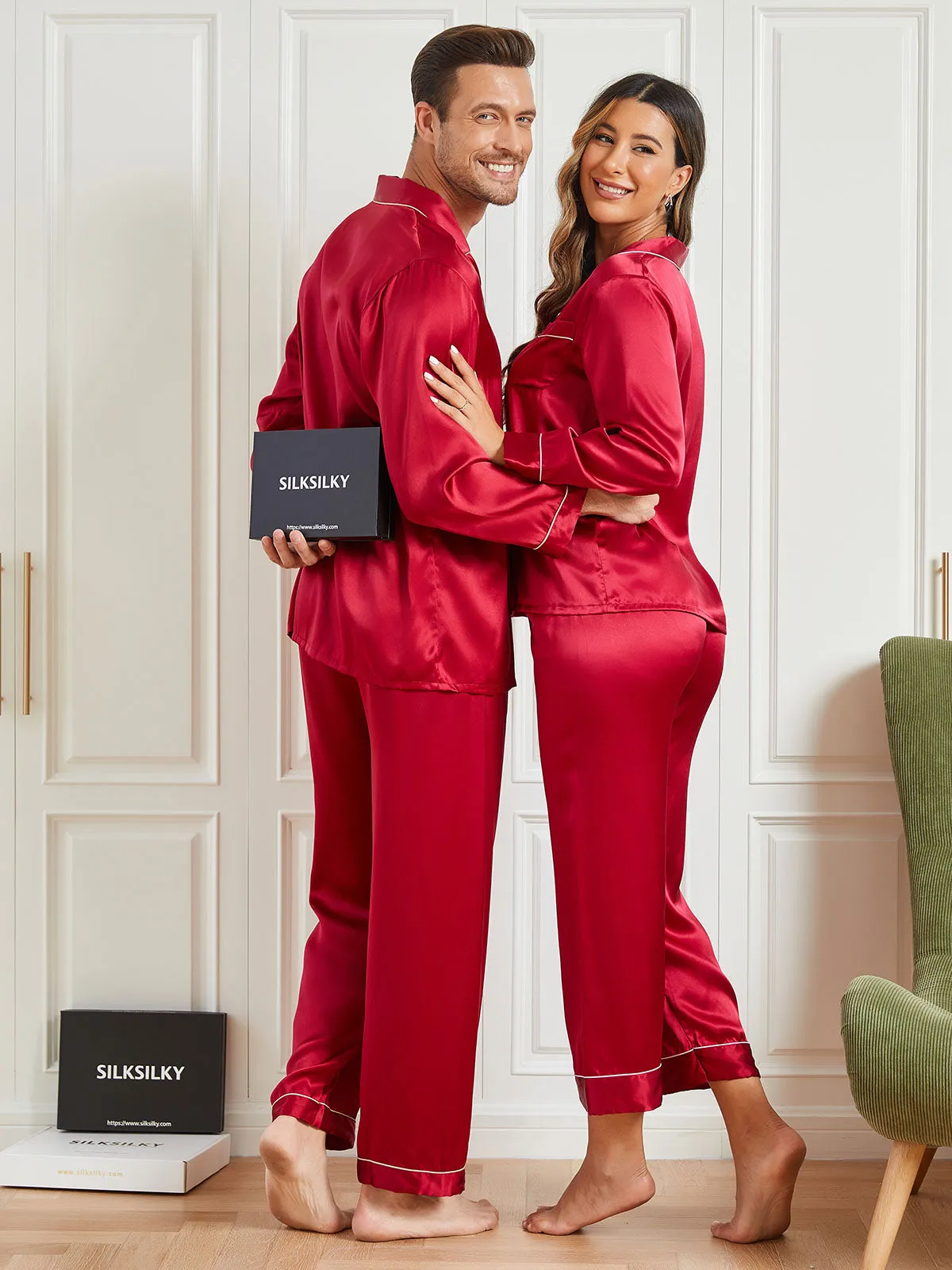 Couple Pure Silk Long Pyjama Sets Total 4Pcs