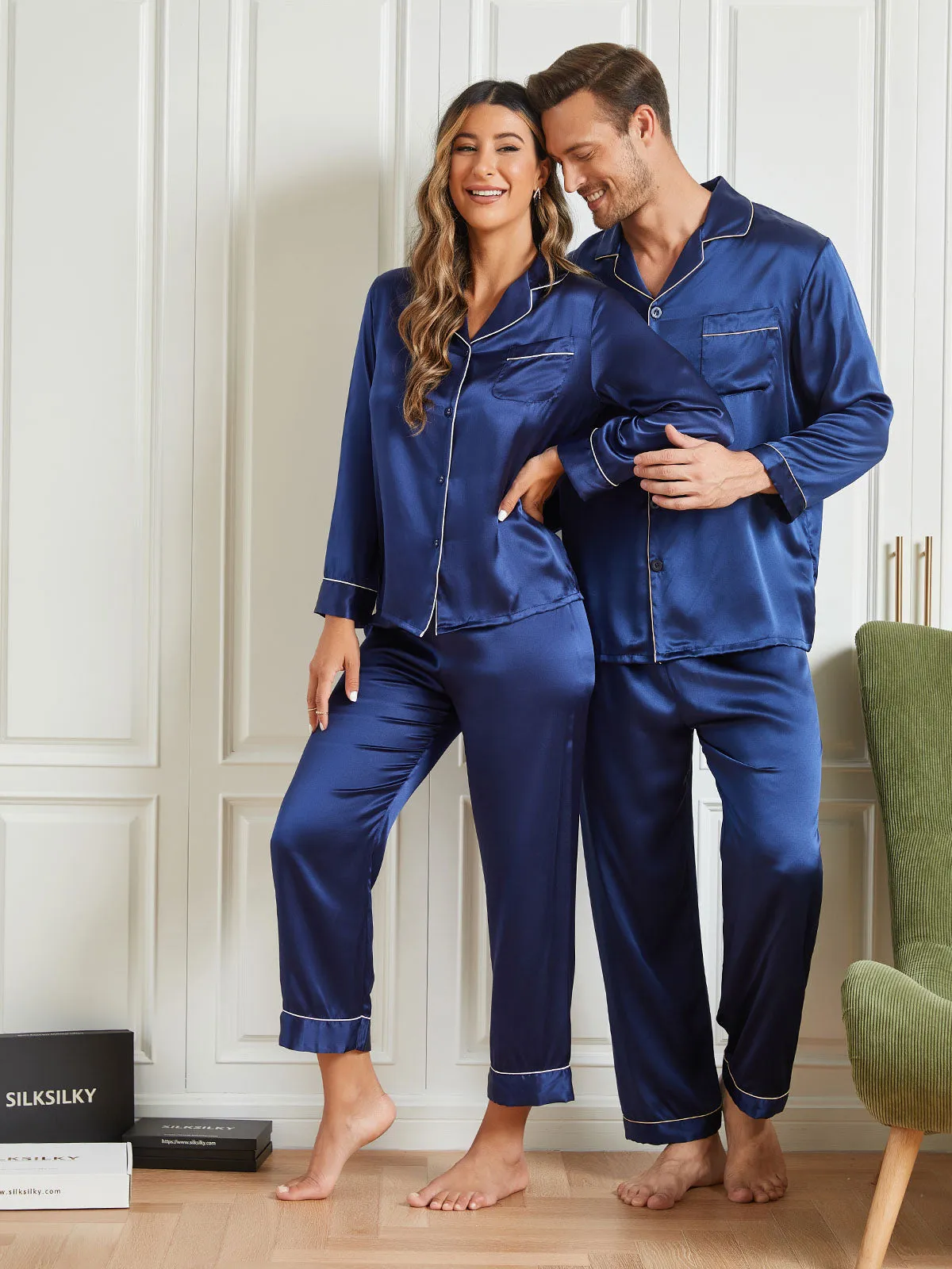 Couple Pure Silk Long Pyjama Sets Total 4Pcs