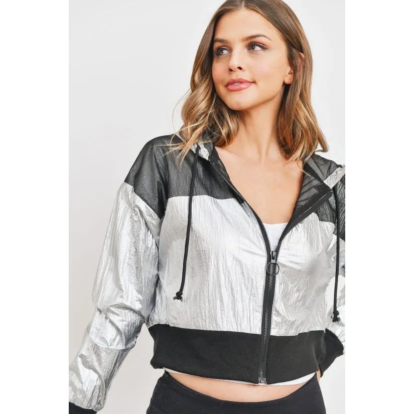 Cropped Metallic Windbreaker - Silver