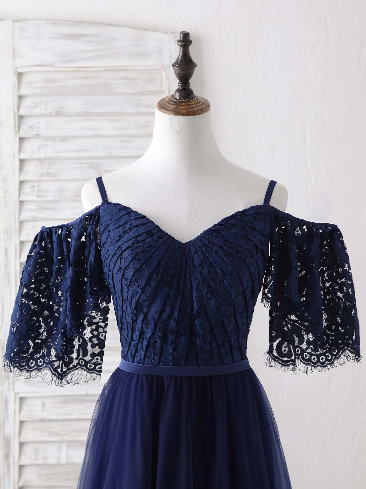 Dark Blue A-Line Lace Tulle Long Prom Dress Blue Evening Dress