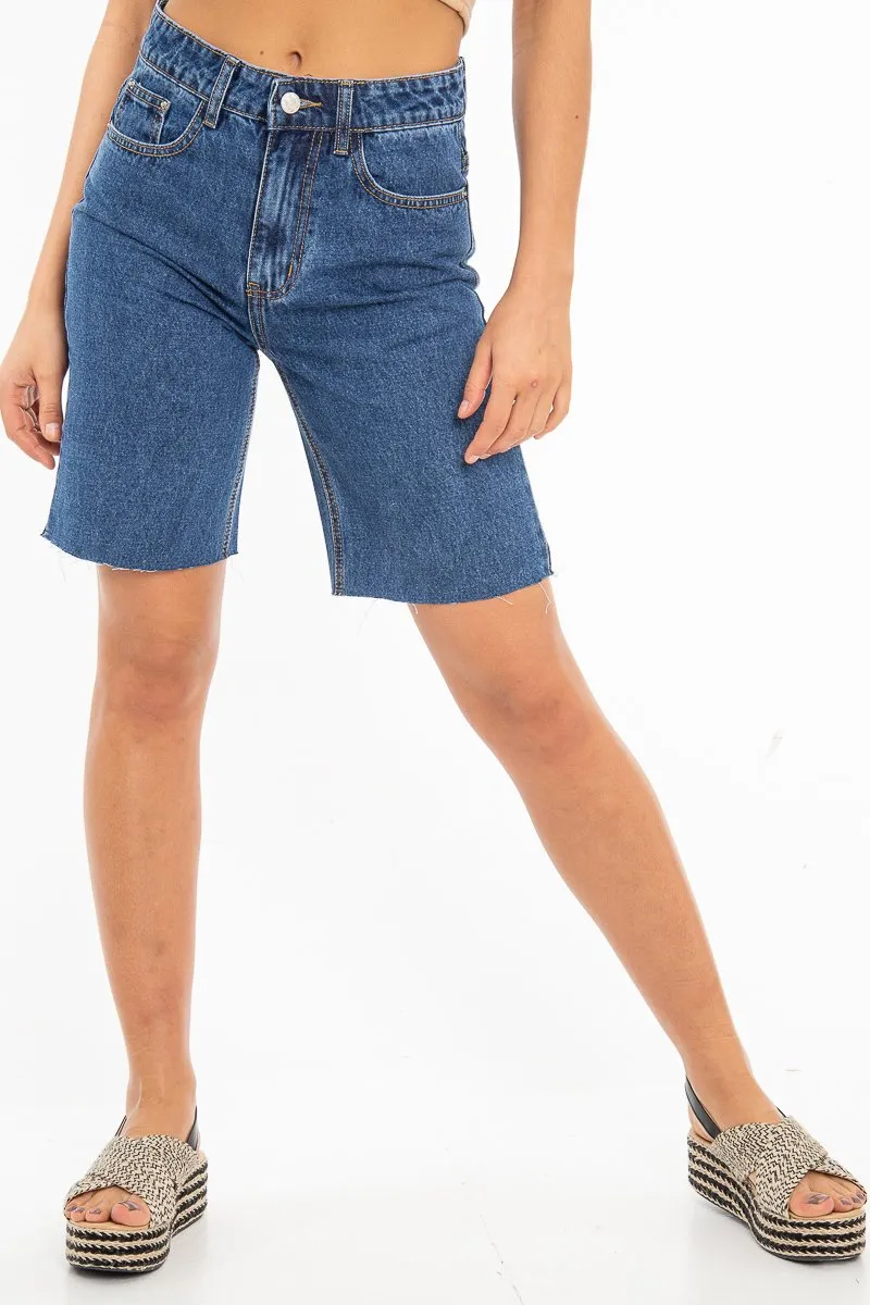 Dark Wash Raw Hem Longline Denim Shorts - Melissa