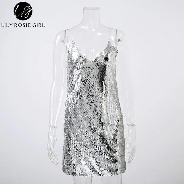 Deep V Neck Autumn Silver Sequined Backless Sexy Dress Women Off Shoulder Mini Dress Christmas Party Club Strap Dresses Vestidos