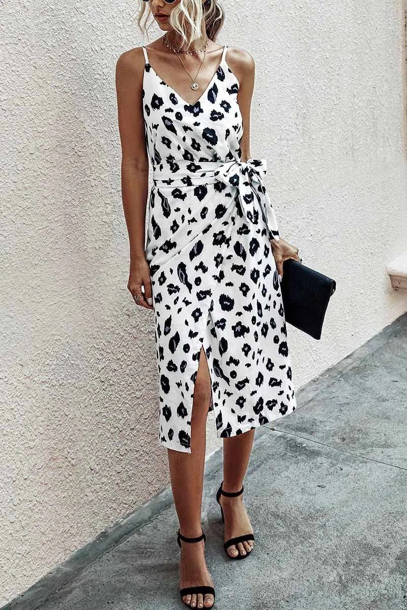 Dunnmall V Neck Print Midi Dress With Belts(4 Colors)