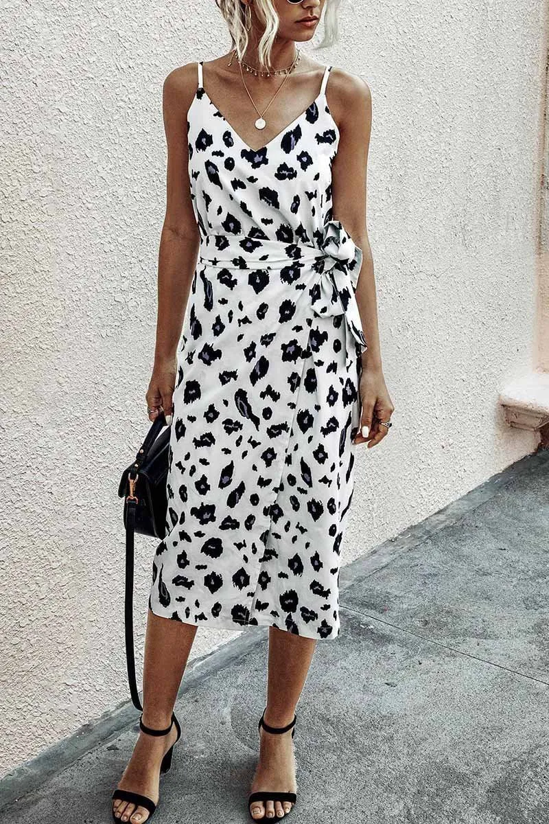 Dunnmall V Neck Print Midi Dress With Belts(4 Colors)