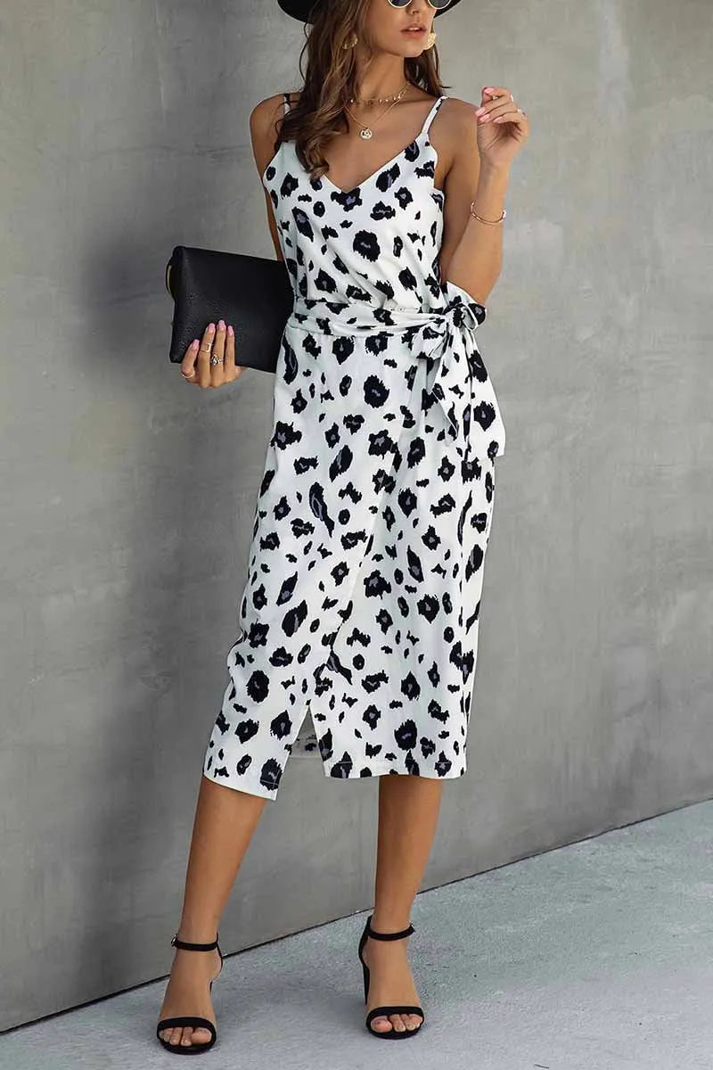 Dunnmall V Neck Print Midi Dress With Belts(4 Colors)