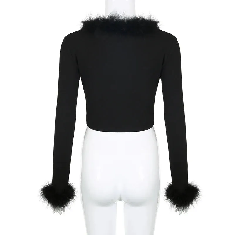 Fashion Fluffy Skinny Sexy Party T-shirts Women Tie Up Slit Tie Up Faux Fur Trim Collar Elegant Autumn Crop Top Tees