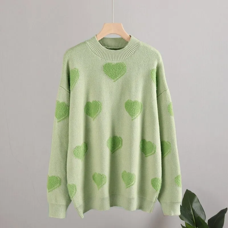 Fluffy Love Heart Pattern Knitted Loose Fit Sweaters