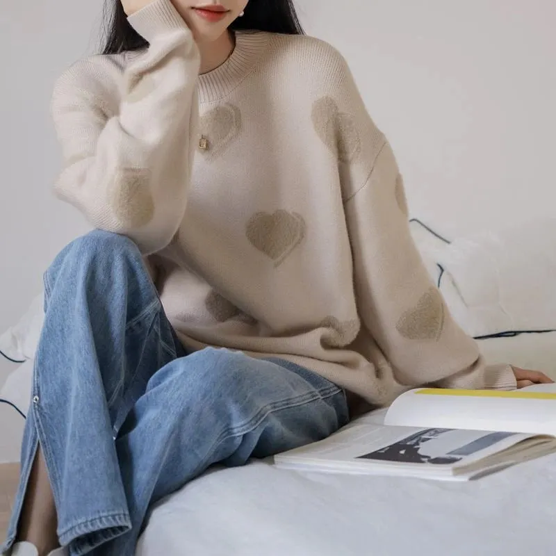 Fluffy Love Heart Pattern Knitted Loose Fit Sweaters