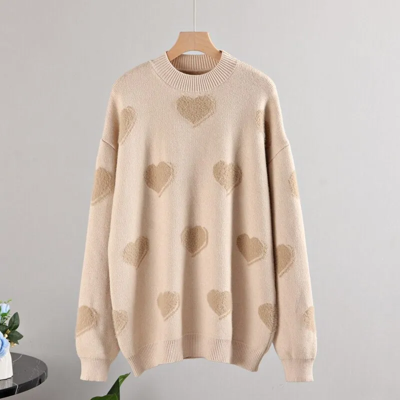 Fluffy Love Heart Pattern Knitted Loose Fit Sweaters