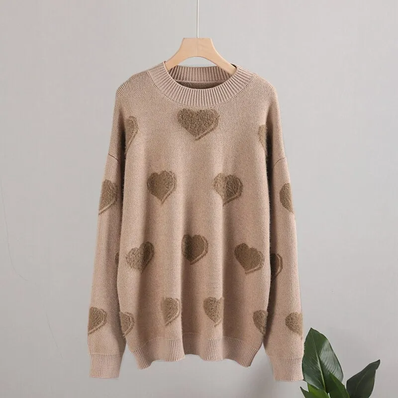 Fluffy Love Heart Pattern Knitted Loose Fit Sweaters