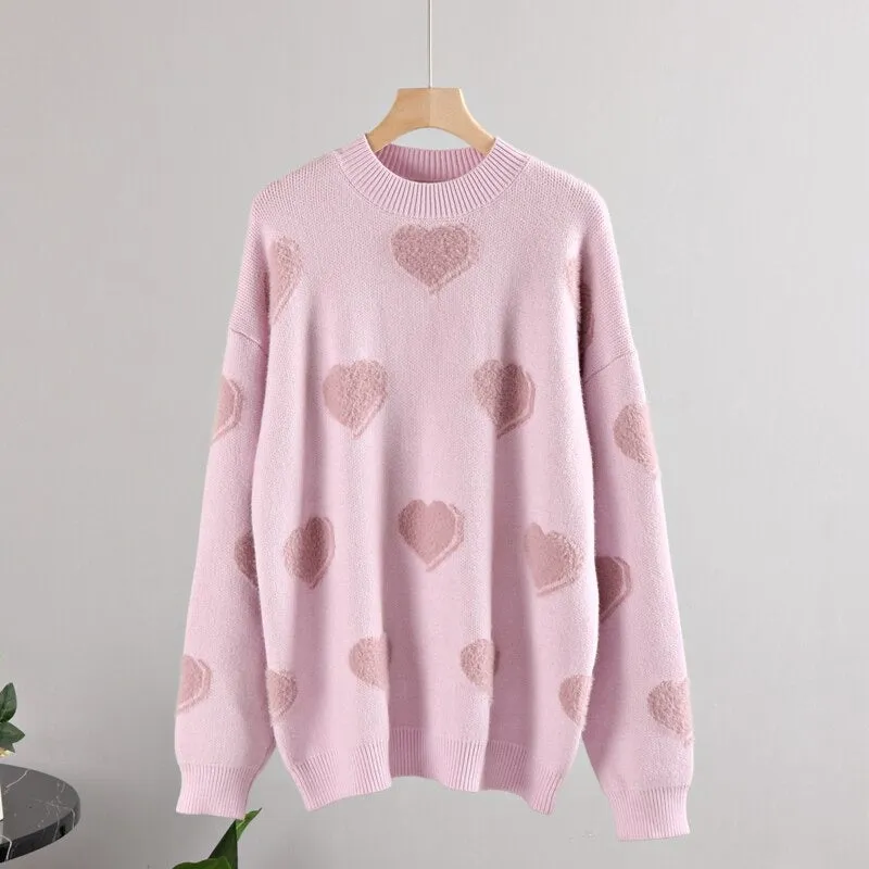 Fluffy Love Heart Pattern Knitted Loose Fit Sweaters