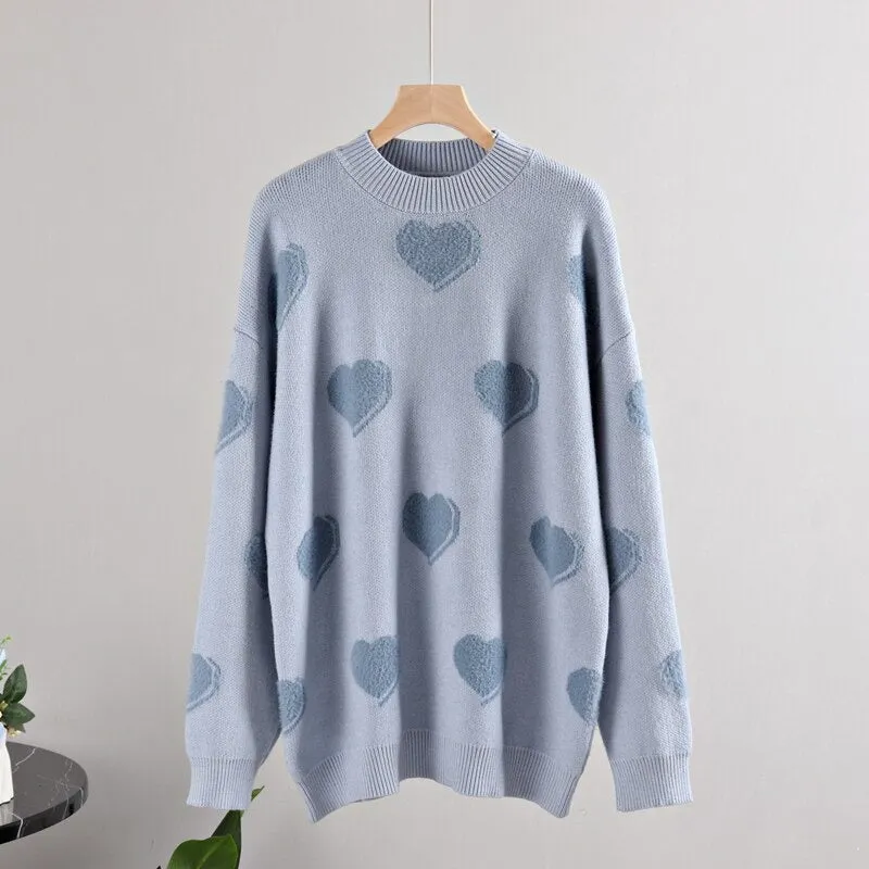 Fluffy Love Heart Pattern Knitted Loose Fit Sweaters