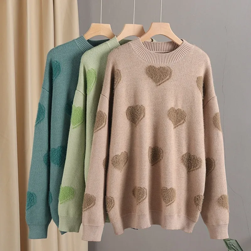 Fluffy Love Heart Pattern Knitted Loose Fit Sweaters