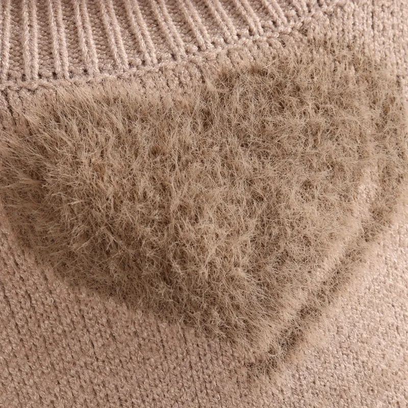 Fluffy Love Heart Pattern Knitted Loose Fit Sweaters