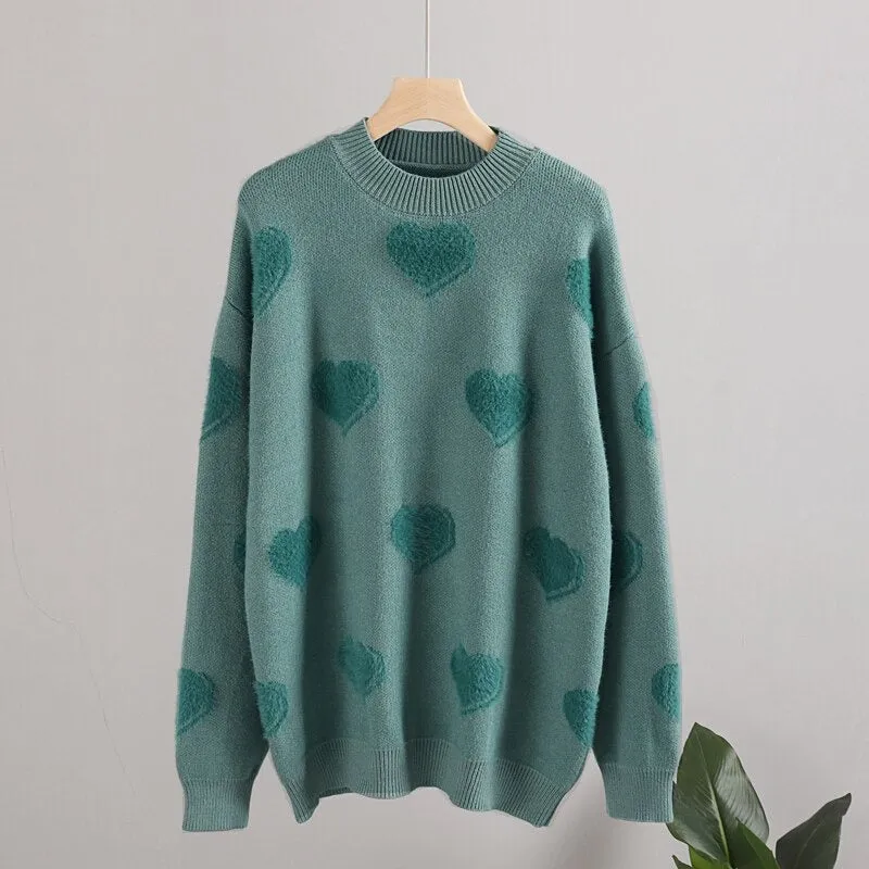 Fluffy Love Heart Pattern Knitted Loose Fit Sweaters