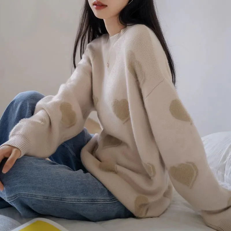 Fluffy Love Heart Pattern Knitted Loose Fit Sweaters