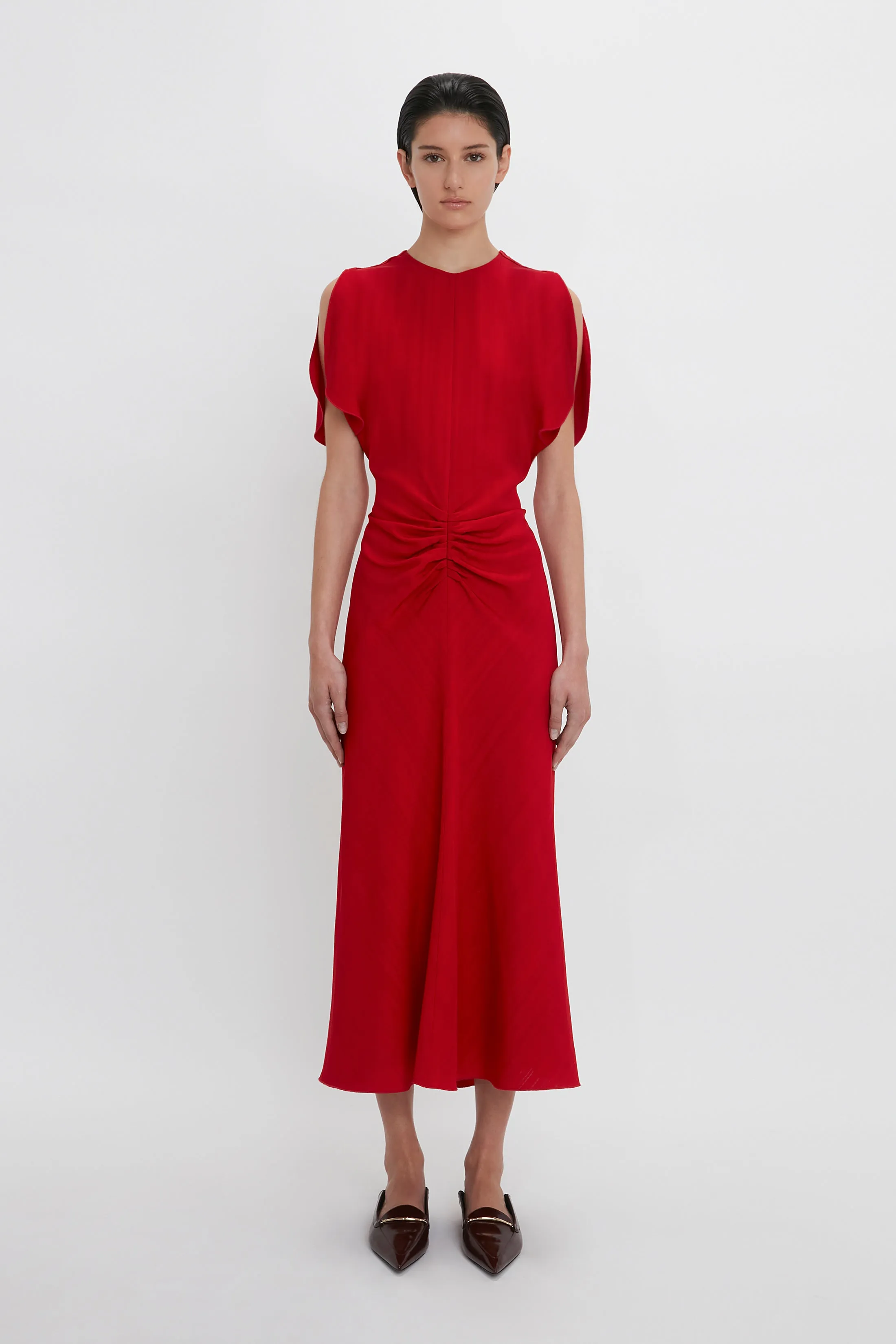 Gathered Waist Midi Dress In Carmine