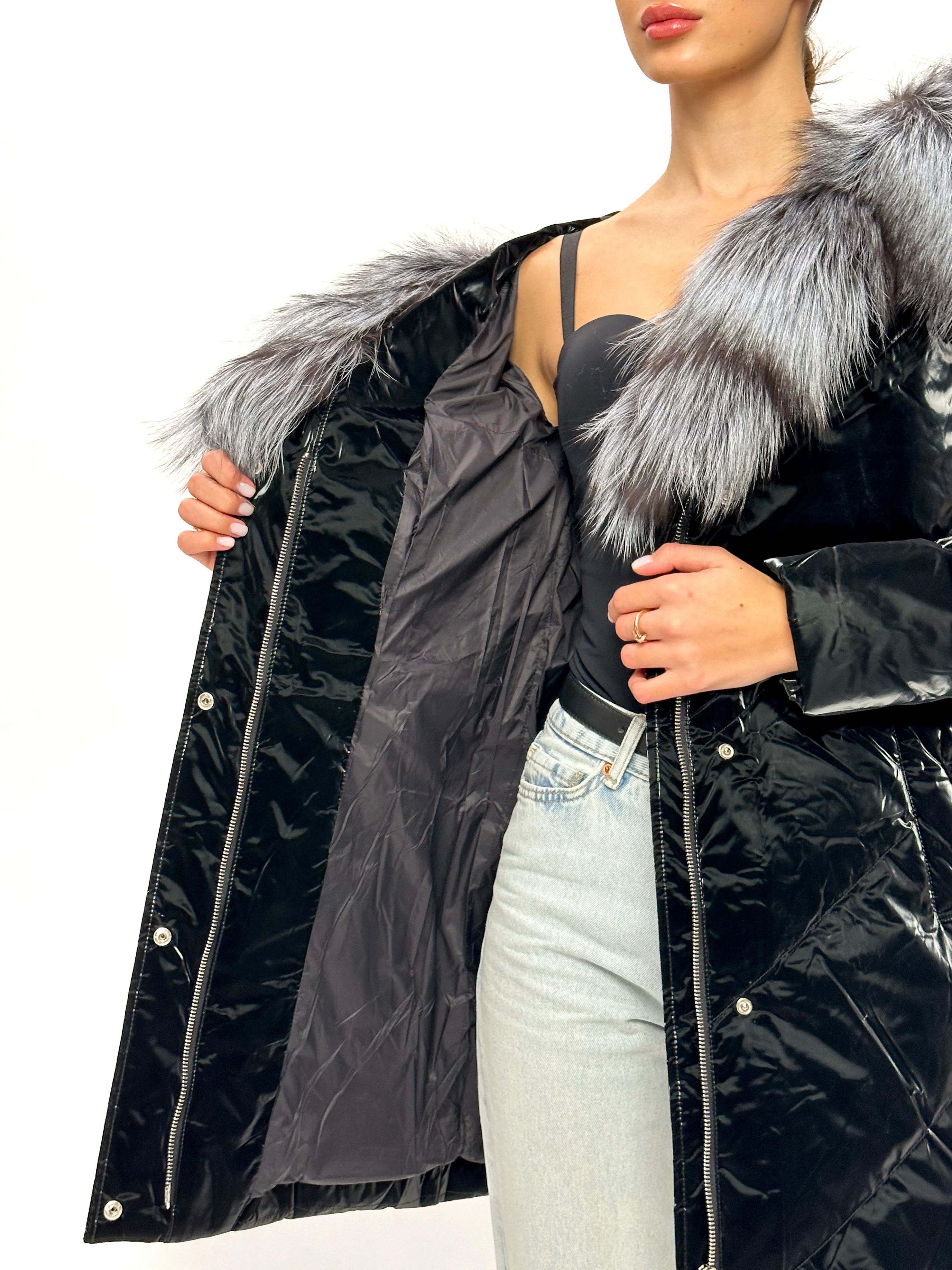 Genuine Silver Fox Fur Down Fill Coat