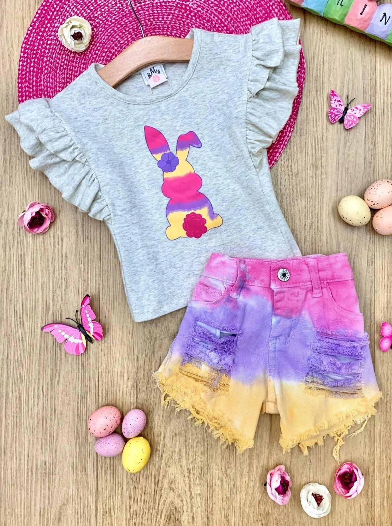 Girls Bunnies in Tie Dye Top and Denim Shorts Set