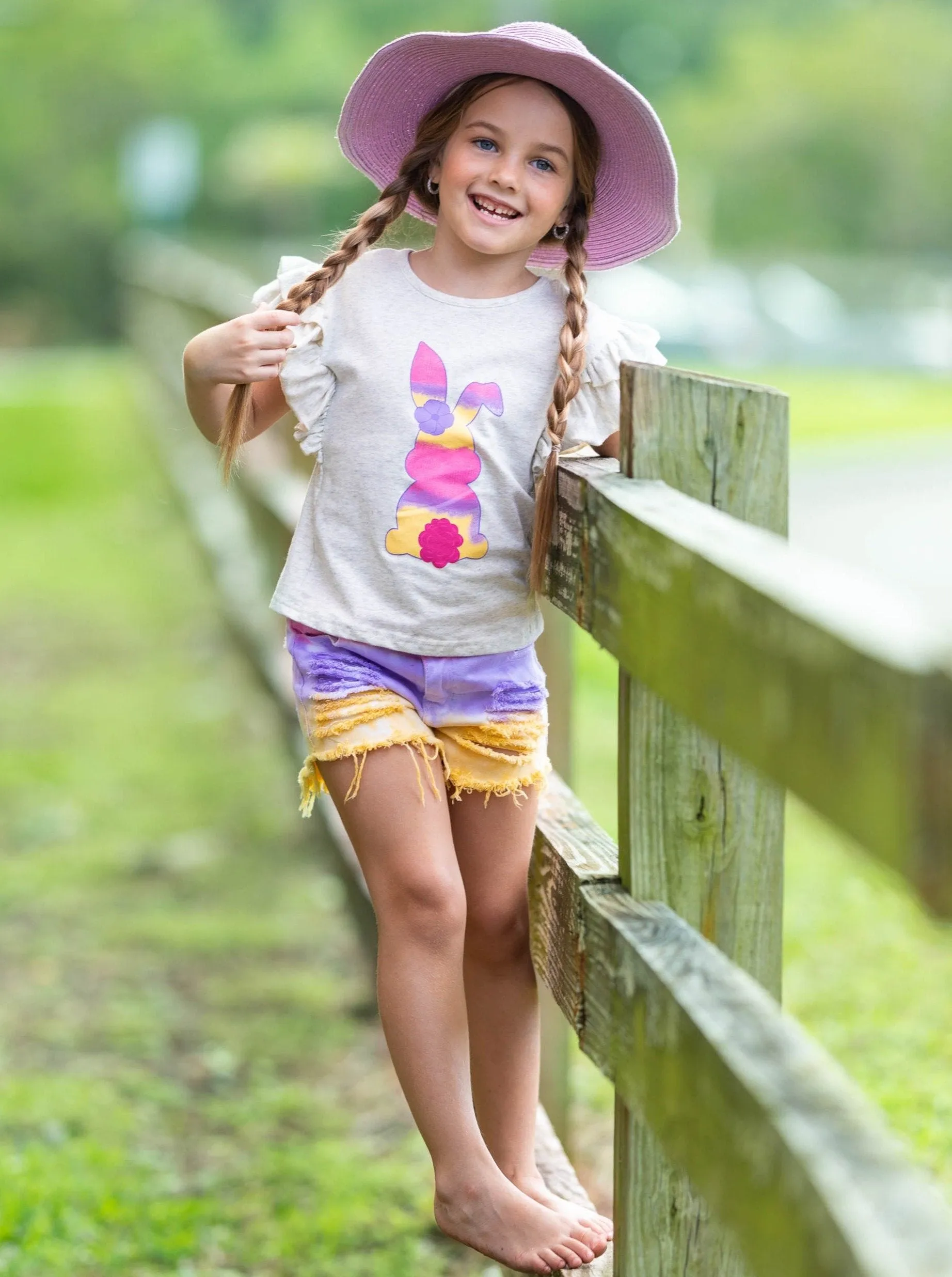 Girls Bunnies in Tie Dye Top and Denim Shorts Set