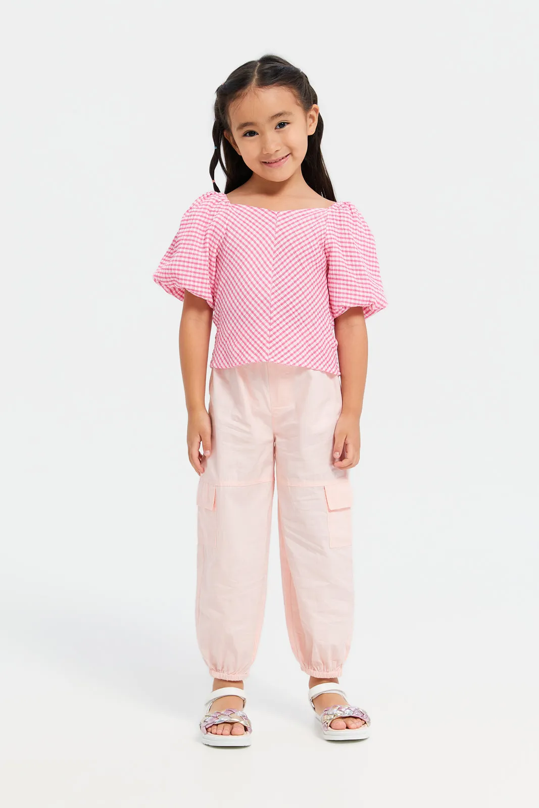 Girls Pink Plain Cargo Fit Trouser