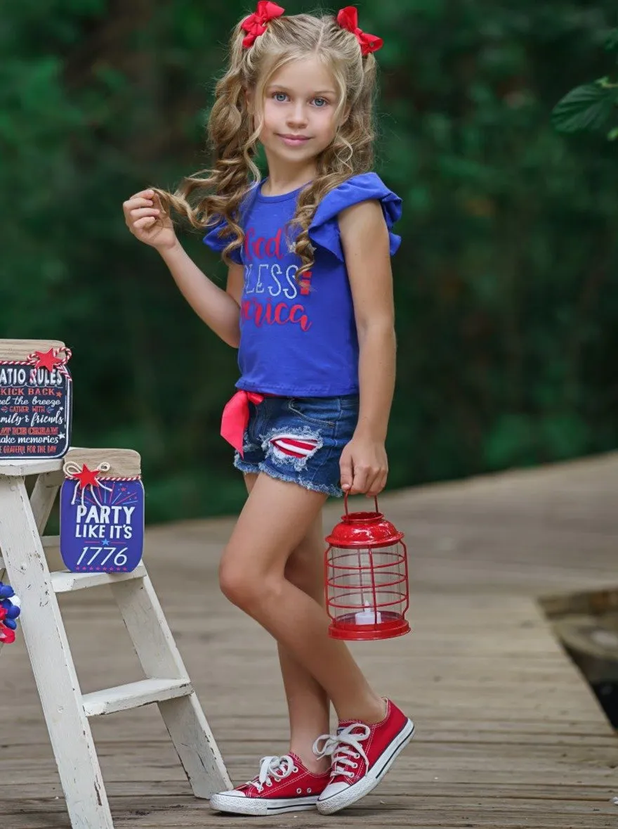 Girls "God Bless America" Top and Patched Denim Shorts Set