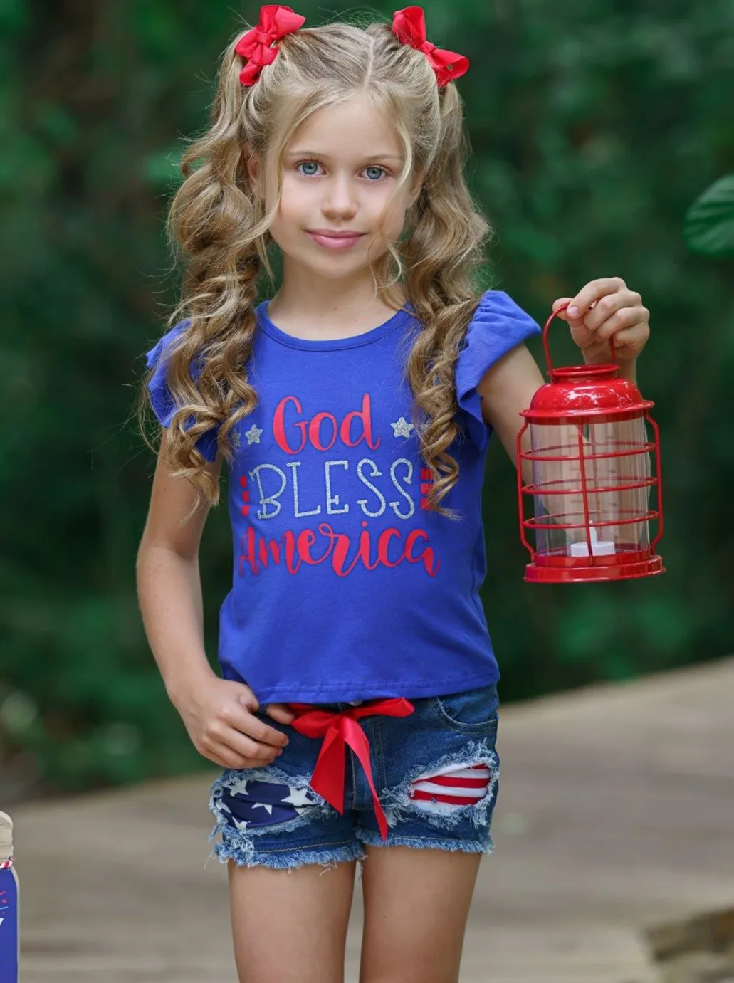 Girls "God Bless America" Top and Patched Denim Shorts Set