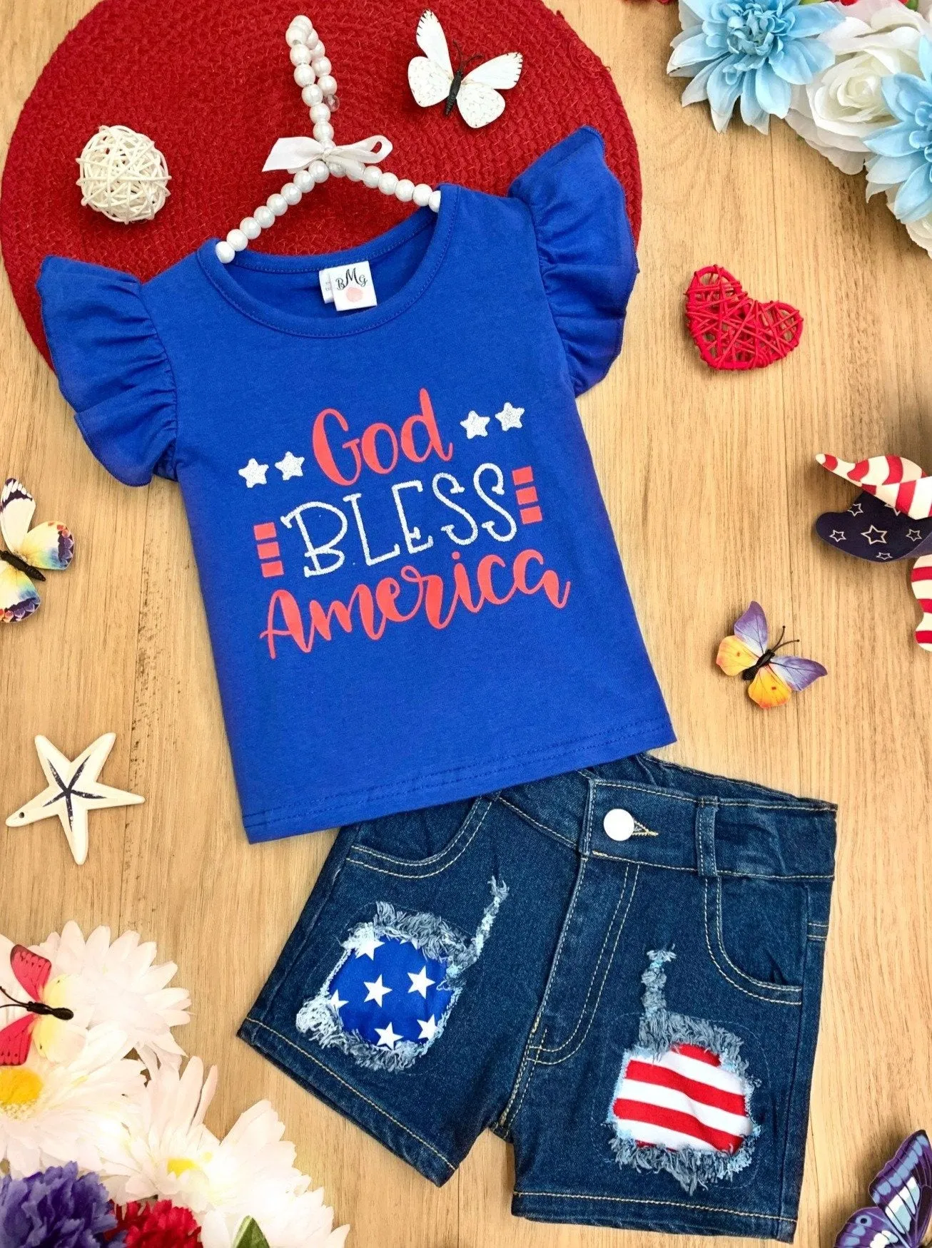 Girls "God Bless America" Top and Patched Denim Shorts Set