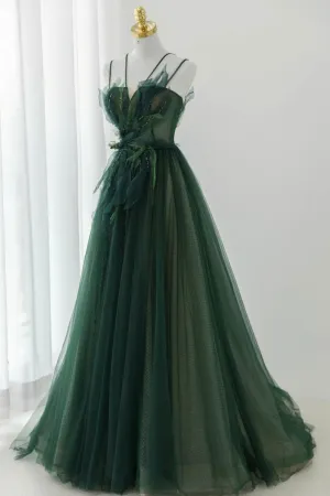 Green Tulle Long A-Line Prom Dress Green Formal Evening Dress