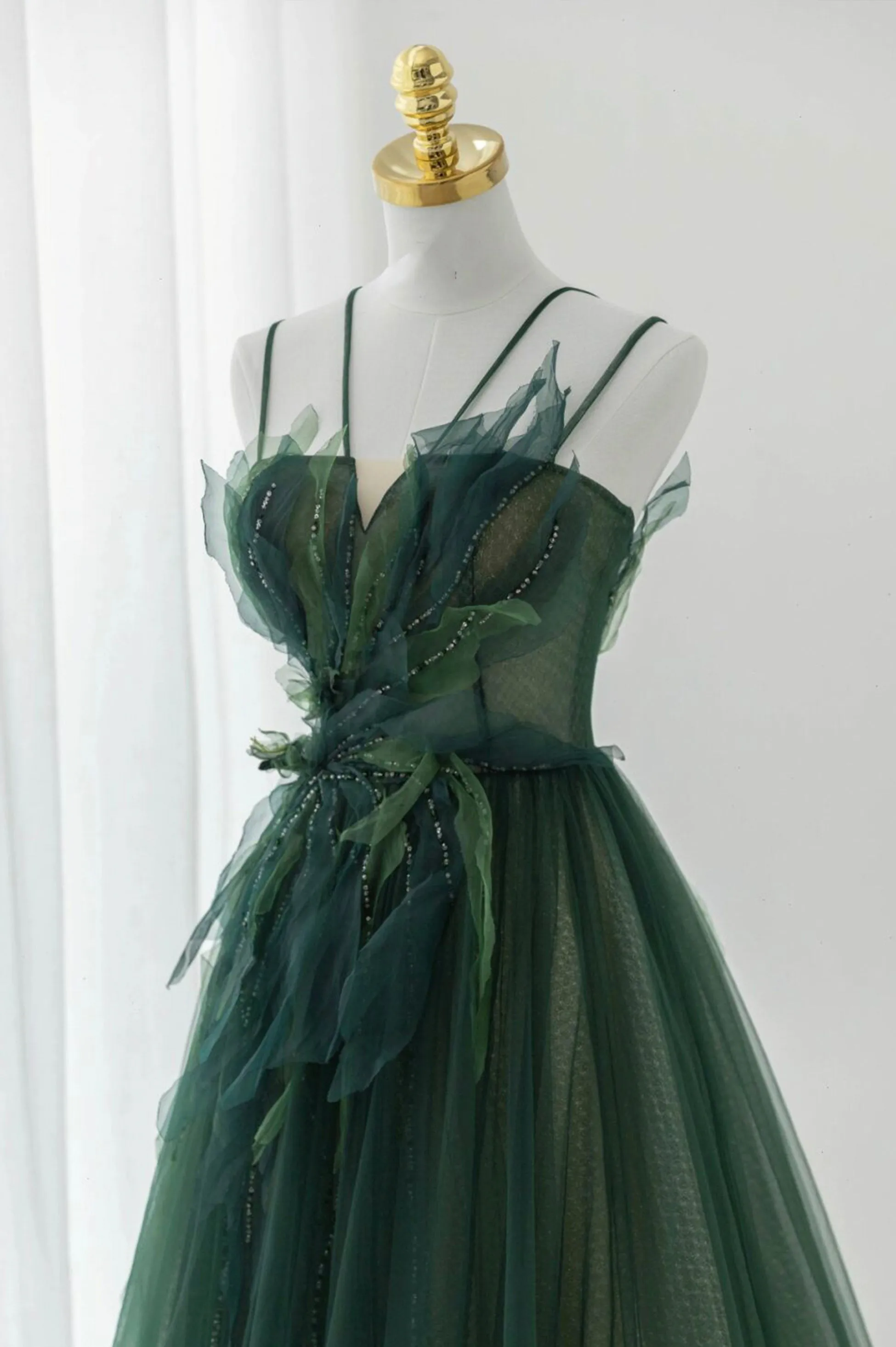 Green Tulle Long A-Line Prom Dress Green Formal Evening Dress