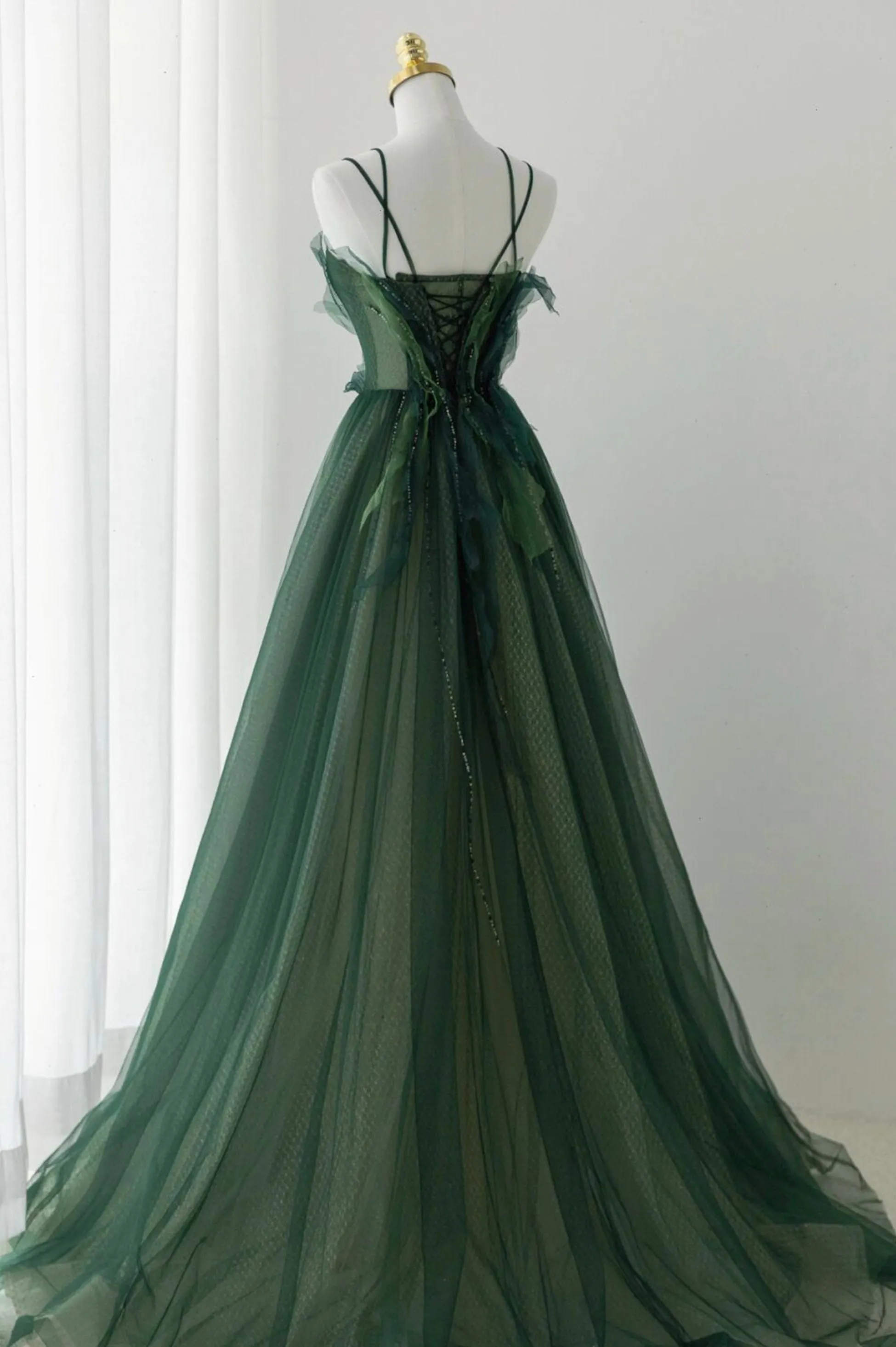 Green Tulle Long A-Line Prom Dress Green Formal Evening Dress