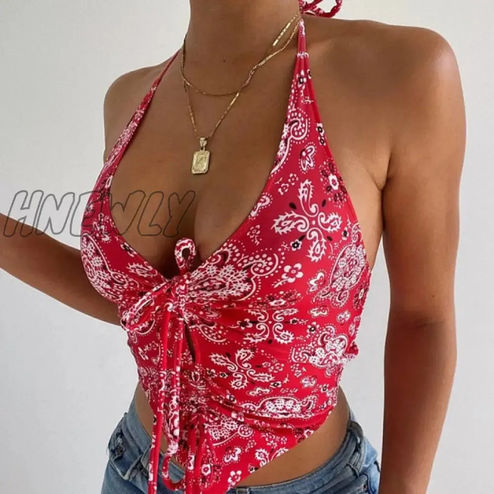 Hnewly Y2K Floral Printed Blue Halter Top Summer Bohemian Beach Style Backless Tank Top Tie Knot Front Cut Out Mini Vest Women Cami