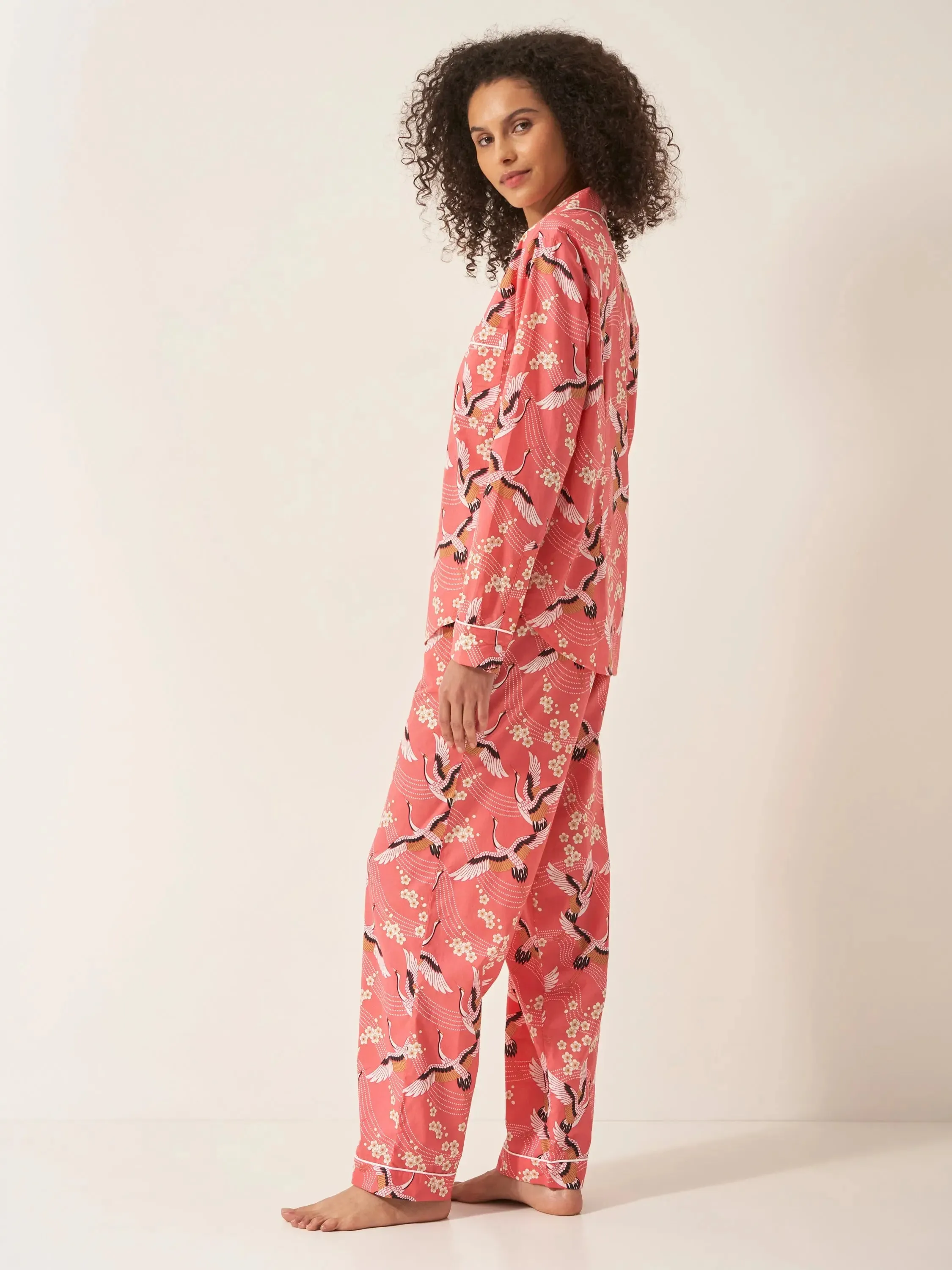 Japanese Crane on Coral Women's Long Sleeve Organic Cotton Pyjama Trouser Set