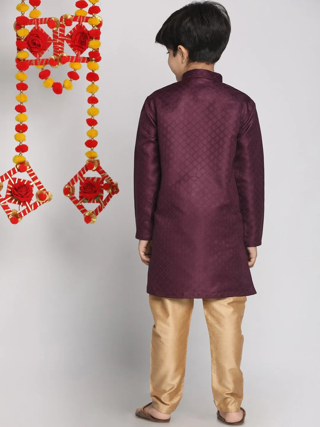 Jashvi Boys Purple & Gold-Toned Regular Straight Jacquard Kurta with Pyjamas