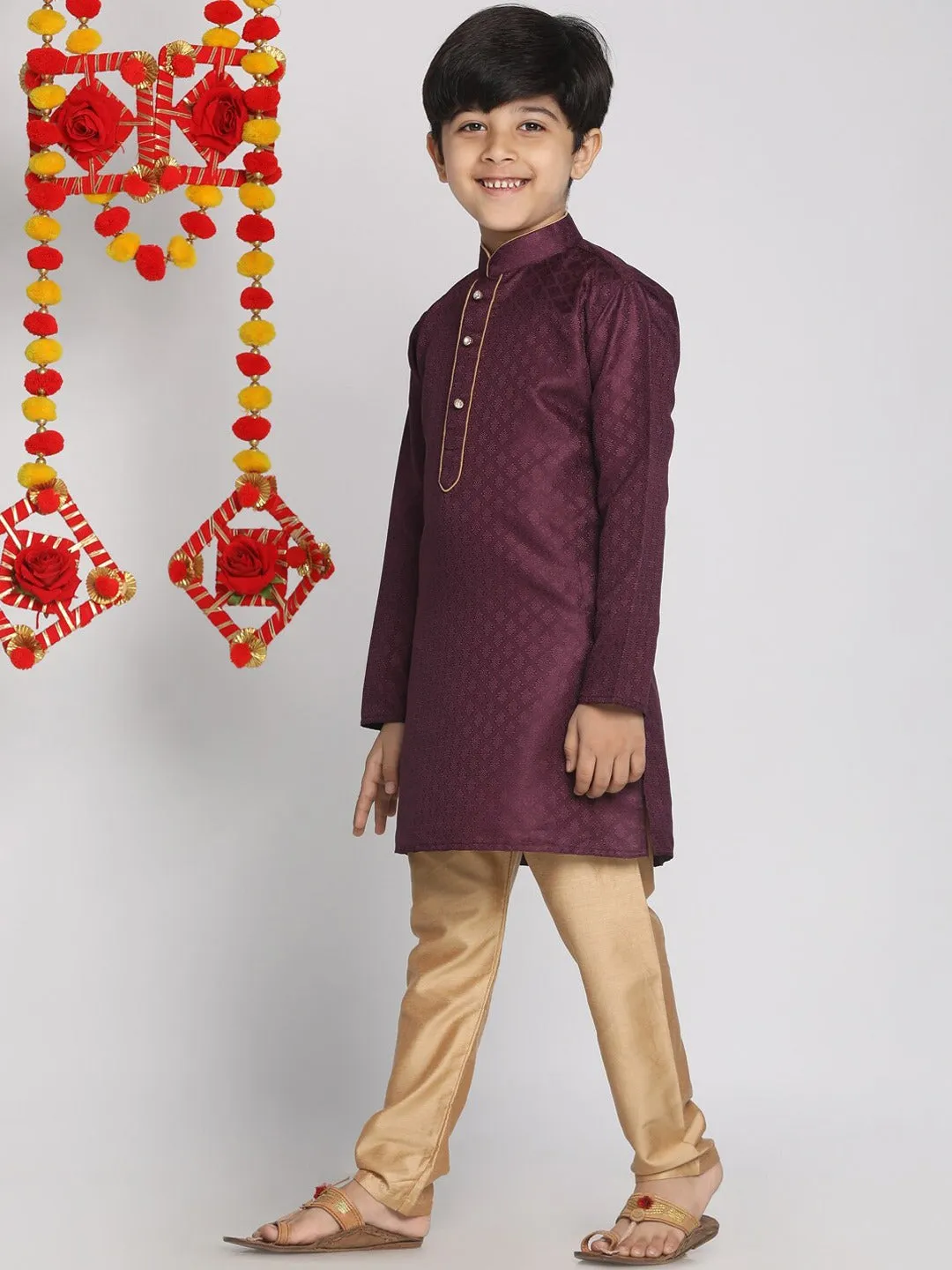 Jashvi Boys Purple & Gold-Toned Regular Straight Jacquard Kurta with Pyjamas