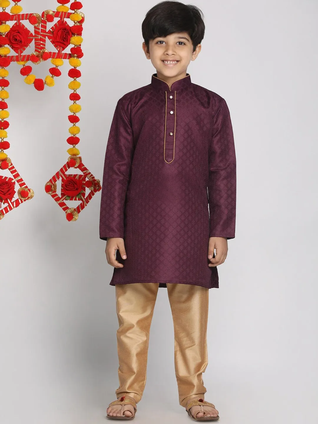 Jashvi Boys Purple & Gold-Toned Regular Straight Jacquard Kurta with Pyjamas