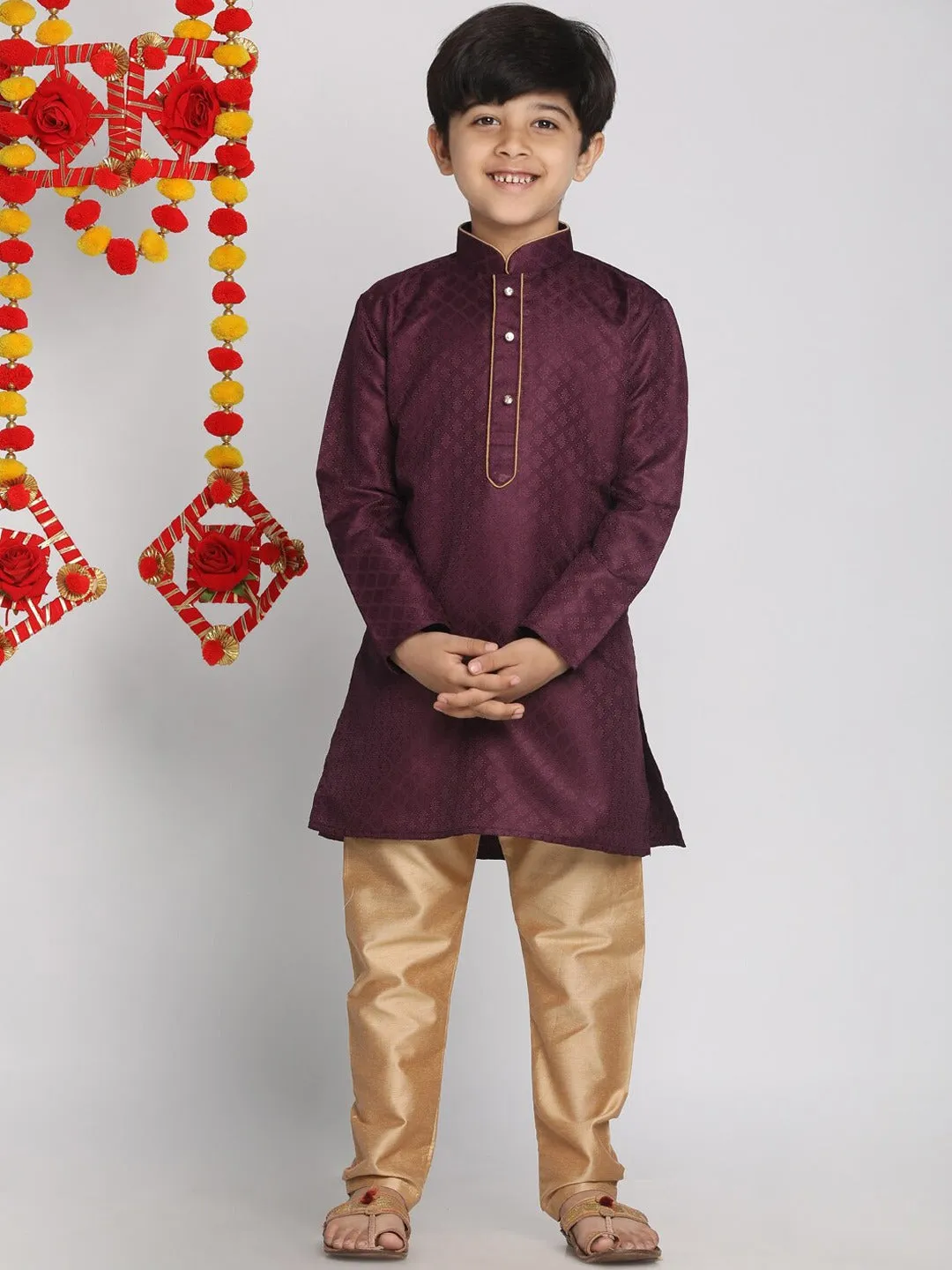 Jashvi Boys Purple & Gold-Toned Regular Straight Jacquard Kurta with Pyjamas