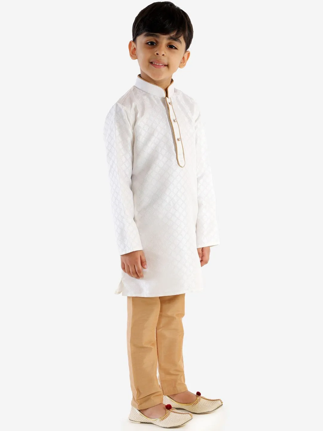 Jashvi Boy's White & Gold-Toned Solid Kurta with Pyjama Set