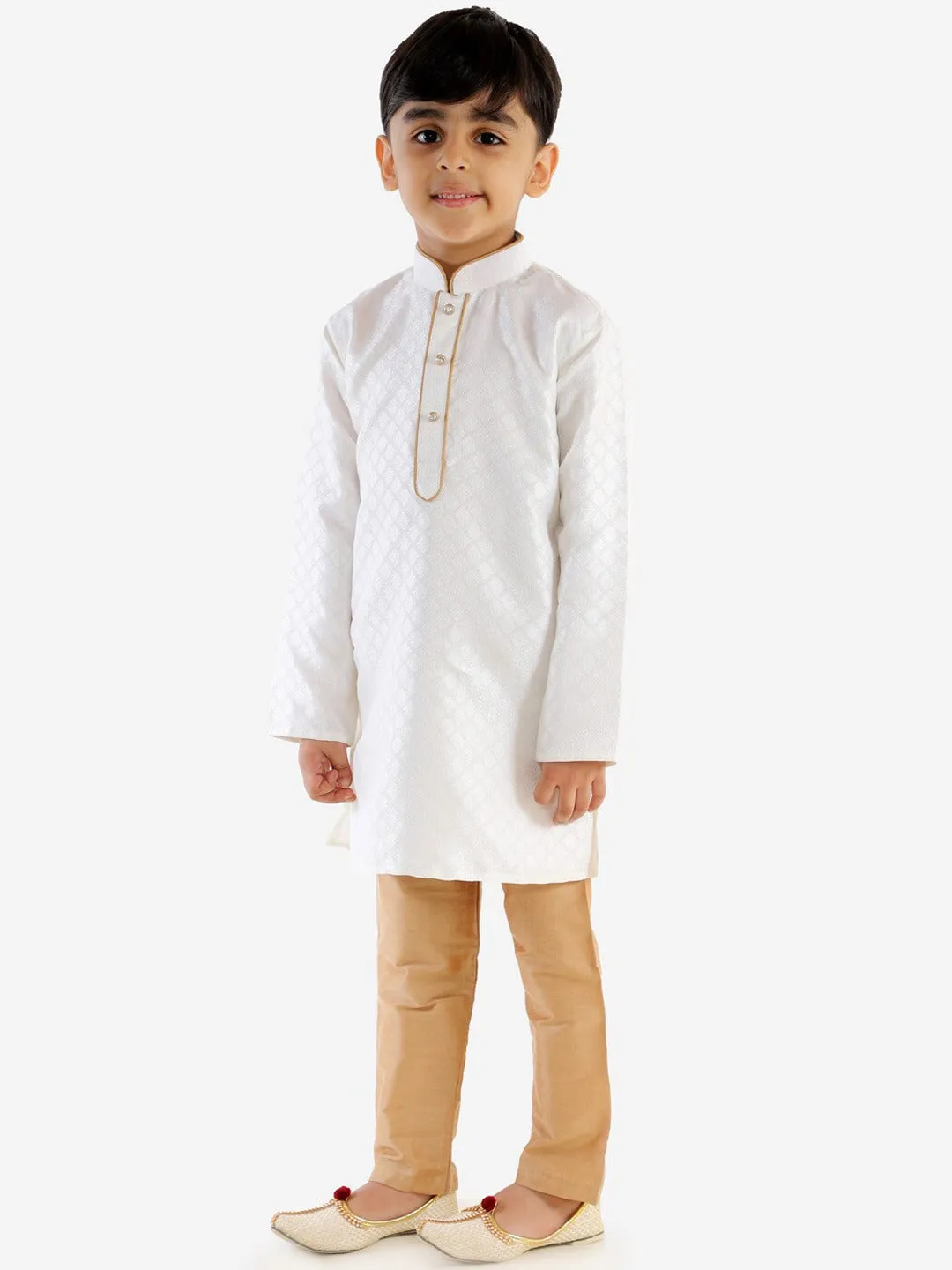 Jashvi Boy's White & Gold-Toned Solid Kurta with Pyjama Set