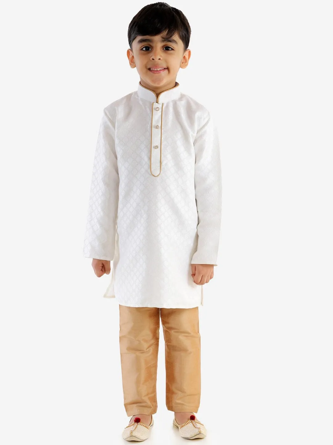 Jashvi Boy's White & Gold-Toned Solid Kurta with Pyjama Set