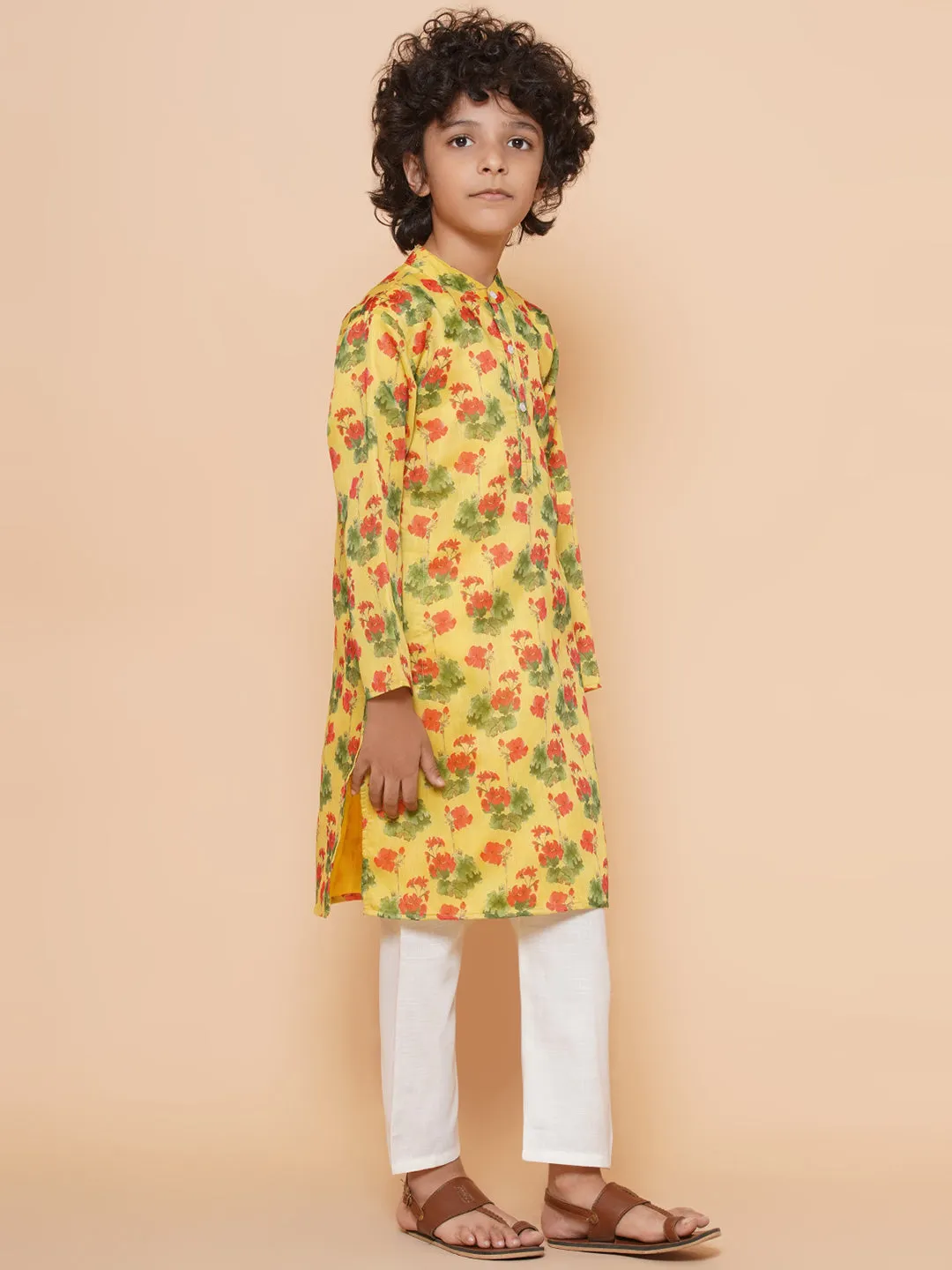 Jashvi Boys Yellow Printed Kurta with Pyjamas