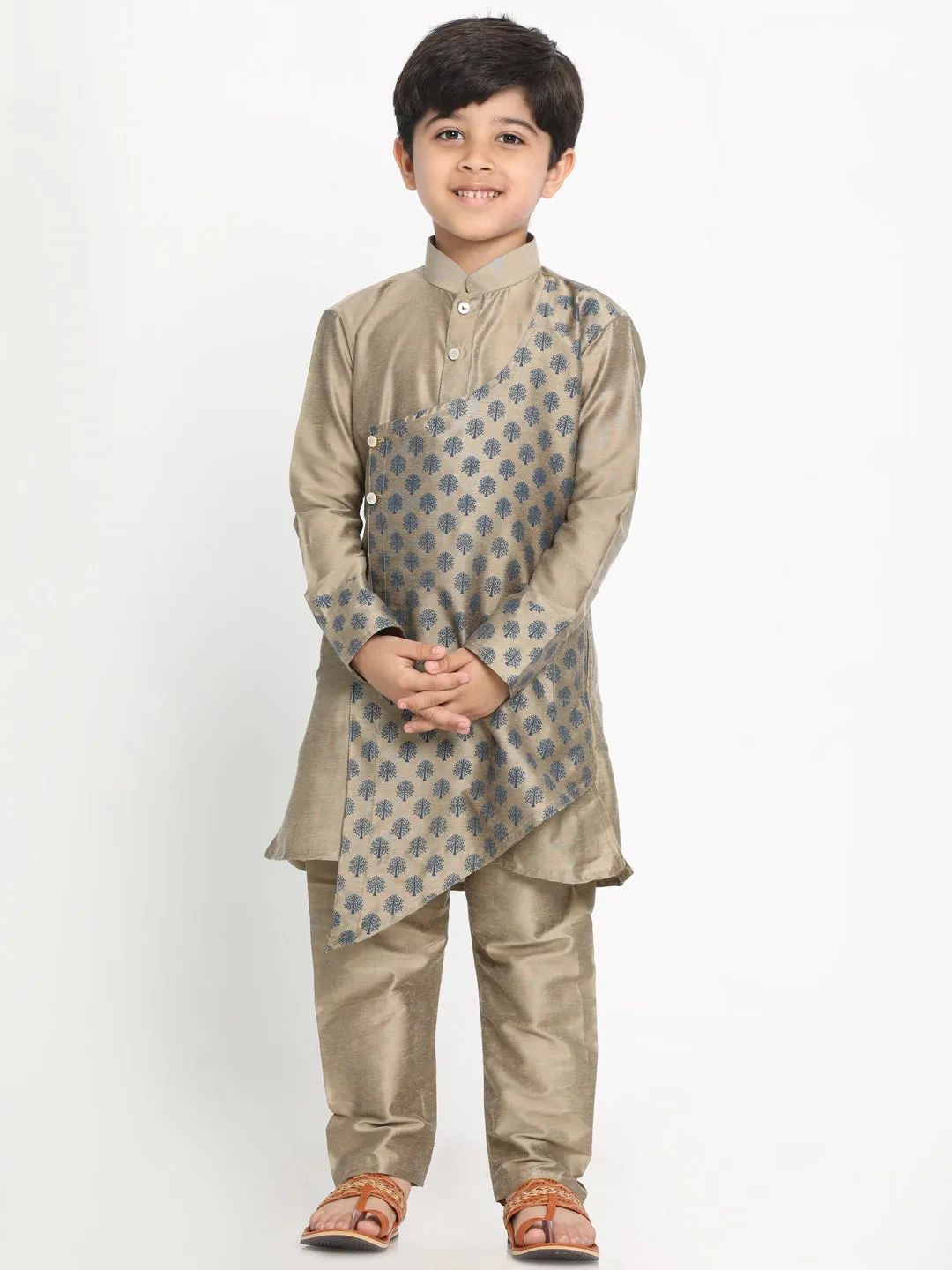 Jashvi Brown Silk Blend Ethnic Print Kurta Pyjama Sibling Set