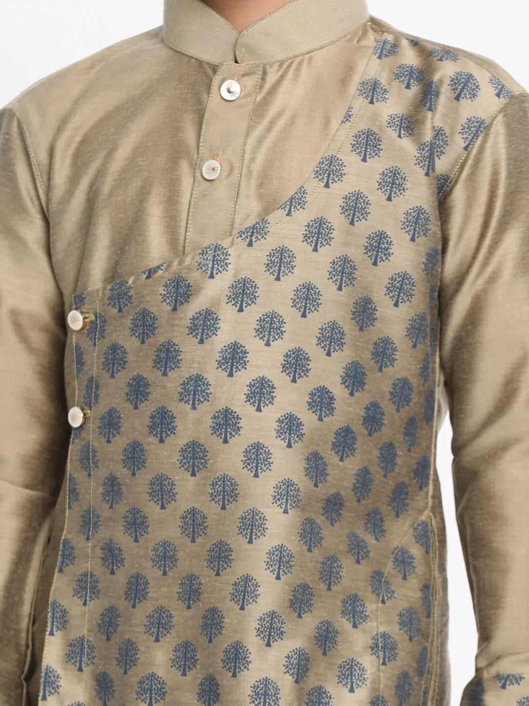 Jashvi Brown Silk Blend Ethnic Print Kurta Pyjama Sibling Set