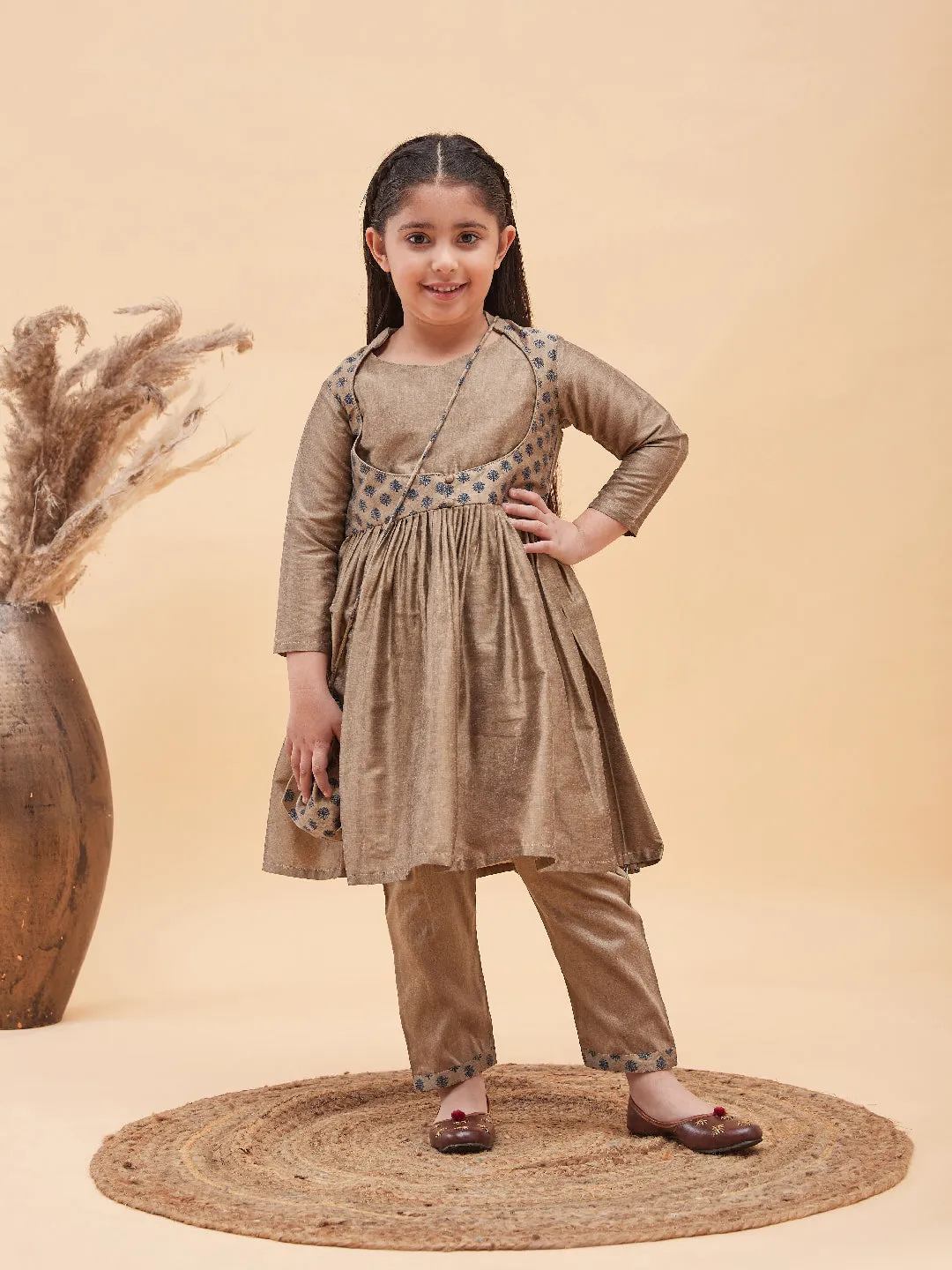 Jashvi Brown Silk Blend Ethnic Print Kurta Pyjama Sibling Set