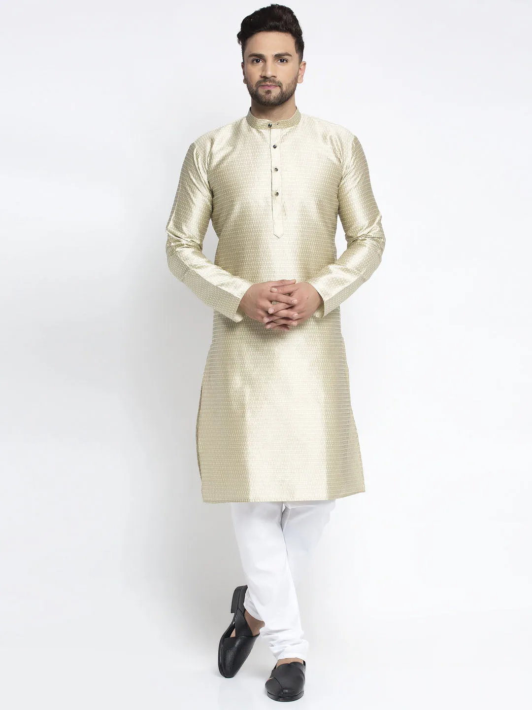 Jashvi Men Beige & White Woven Design Kurta with Pyjamas