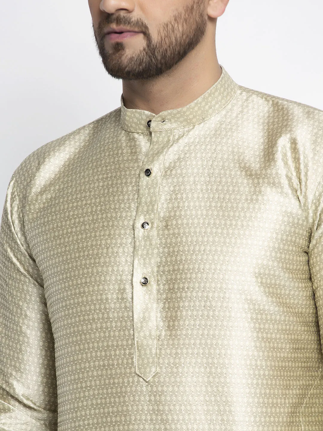 Jashvi Men Beige & White Woven Design Kurta with Pyjamas