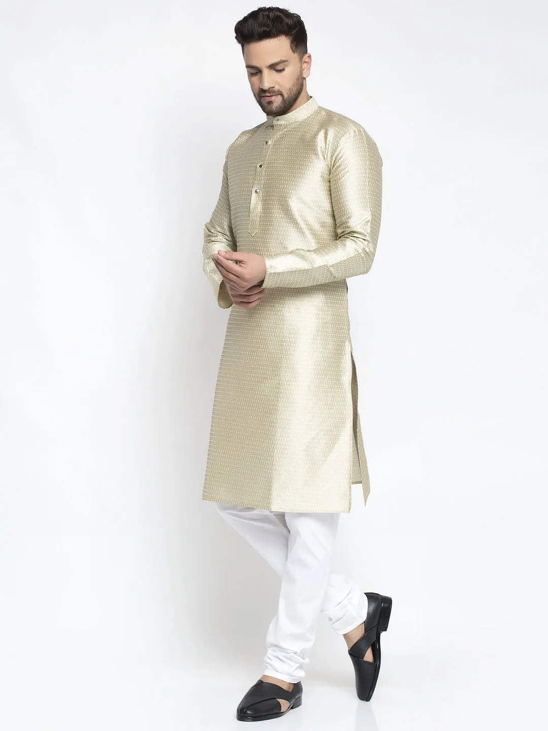 Jashvi Men Beige & White Woven Design Kurta with Pyjamas