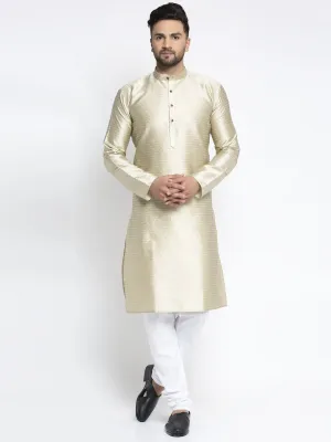 Jashvi Men Beige & White Woven Design Kurta with Pyjamas